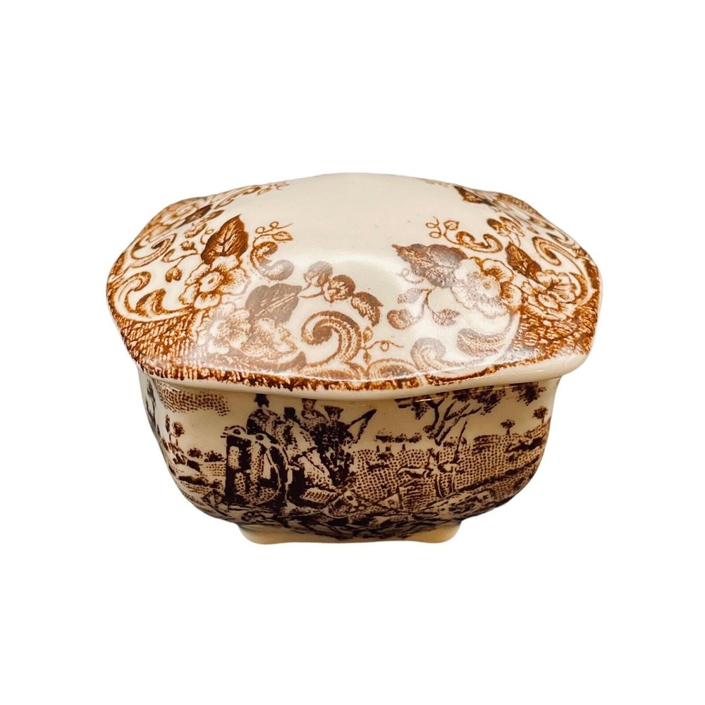 Vintage Trinket Box Stagecoach Horses Brown Transferware Made in England